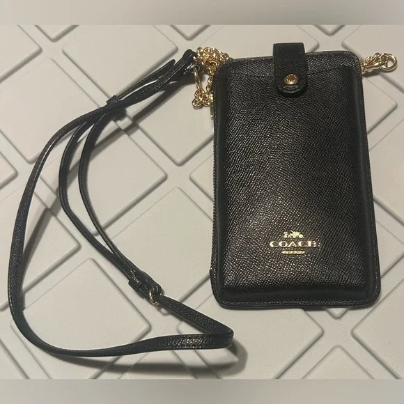 Coach Black Leather Phone Crossbody with Gold Logo - Picture 1 of 6